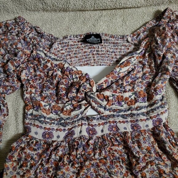 ANGIE Womens Lg Floral Blouse Longsleeve Shirred Elastic Stretch Keyhole Twist - Picture 3 of 6